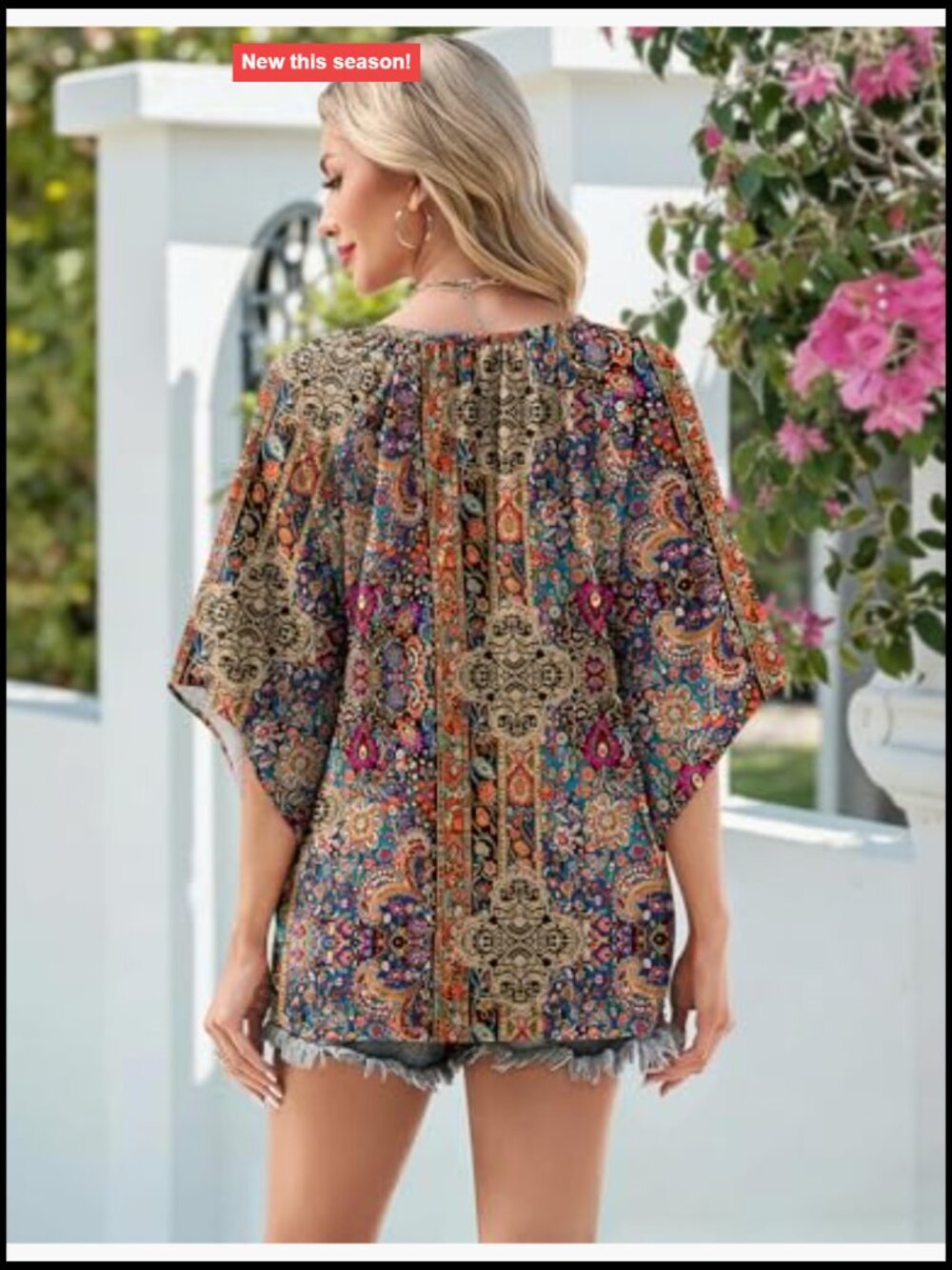 3/4 Sleeve V Neck Bohemian Blouses Casual Loose Fit Tunic Boho Shirt Floral - Picture 5 of 7
